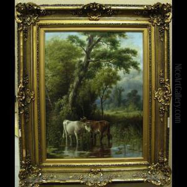 Cattle Watering Oil Painting by George A.E., Geo Riecke