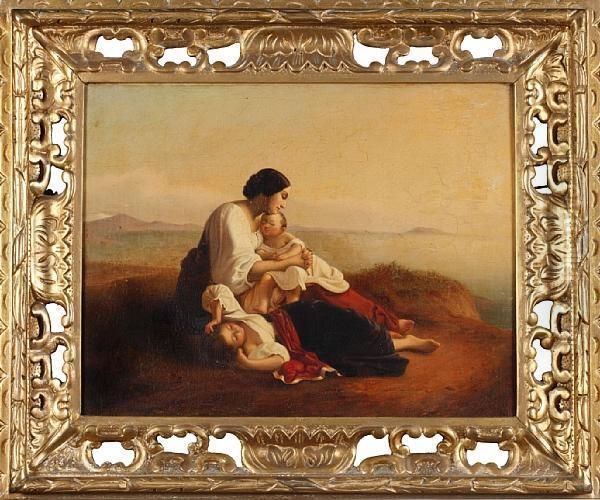 An Italian Contadina With Her Children Oil Painting by August Riedel