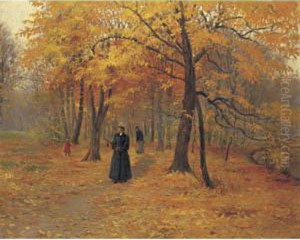 A Forest Walk In Autumn Oil Painting by Carl, Karl Riedel