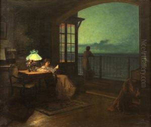 Two Women On Veranda Overlooking The Sea Oil Painting by Marcel Rieder