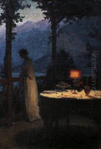 Table Dressee Sur La Terrasse Devant Le Lac Oil Painting by Marcel Rieder