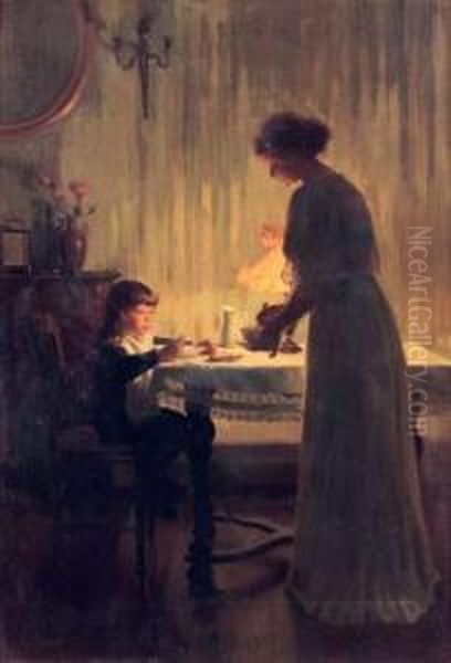 Mere Et Enfant Dans Un Interieur Oil Painting by Marcel Rieder