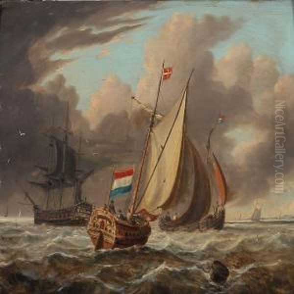 Seascape With Two Dutch Sailing Ship In Danish Waters Oil Painting by Nicolaas Riegen