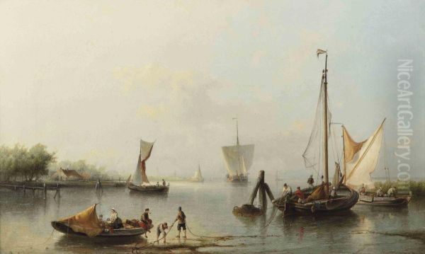 Fishing Boats Near The Shore Oil Painting by Nicolaas Riegen