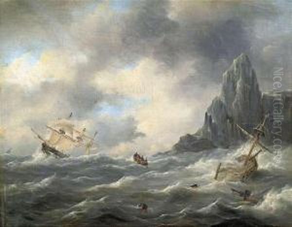 Sailing-ships In Rough Sea At A Rocky Coast. Oil Painting by Nicolaas Riegen