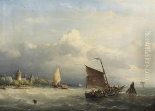 A Fishing Boat Mooring In Choppy Waters, A Castle Nearby Oil Painting by Nicolaas Riegen