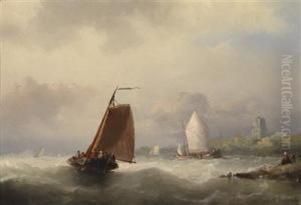 Sailingboats By The Coast Oil Painting by Nicolaas Riegen