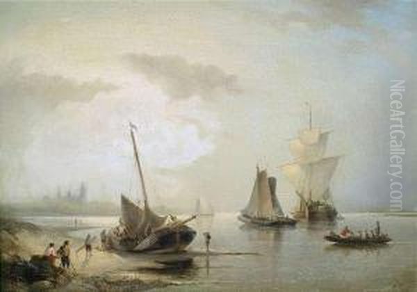 Sailing Ships At A Dutch Coast At Early Morning Oil Painting by Nicolaas Riegen