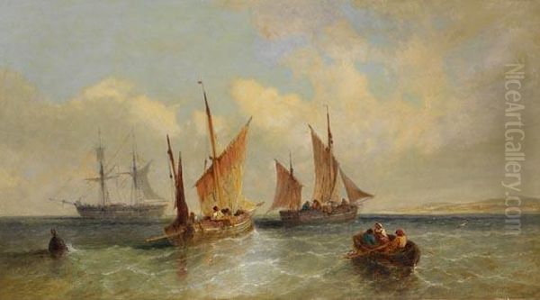 Segelschiffe Und Ruderboot Vor Kustenlandschaft Oil Painting by Albert Rieger