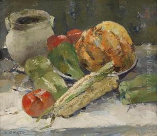 Still Life With Fruit And A Jug Of Lard Oil Painting by August Rieger