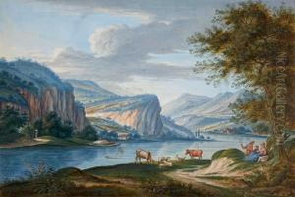 Zwei Flusslandschaftenmit Hirtenstaffage Oil Painting by Jakob Rieger