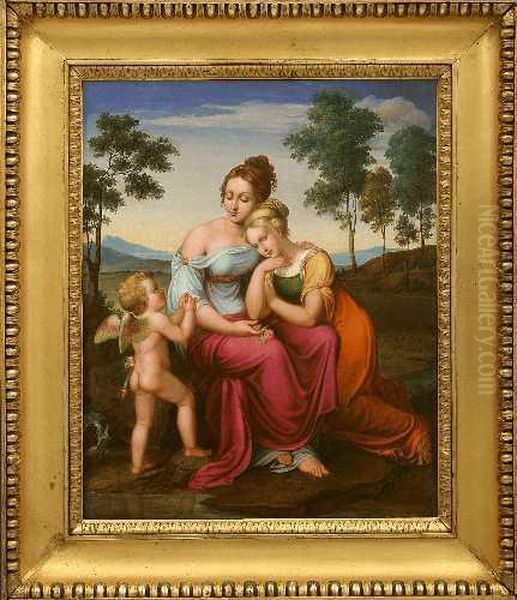 Amor Unterrichtet Zwei Madchen Oil Painting by Johannes Riepenhausen