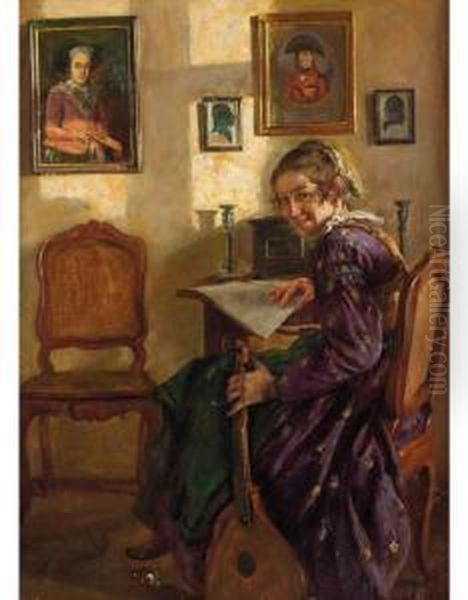 Donna Con Chitarra In Un Interno Oil Painting by August Rieper