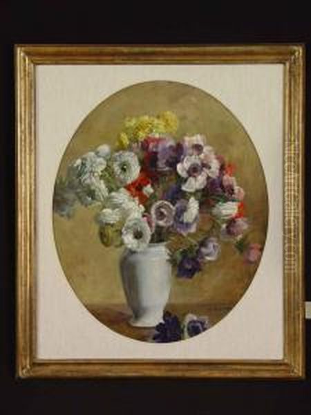 Blumenstraus In Weiser Porzellanvase Oil Painting by August Rieper