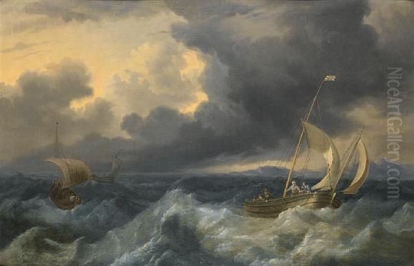 Fishing Boats In Choppy Seas Oil Painting by Hendrik Rietschoof