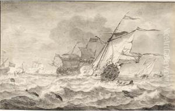 Merchant Ships And Smaller Sailing Boats In A Strong Breeze, Dolphins In The Waves Oil Painting by Hendrik Rietschoof