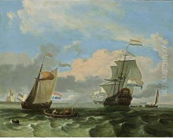 A Man-of-war And A States Yacht Together With Other Sailing Vessels In A Stiff Breeze, A Rowing Boat With Fishermen In The Foreground Oil Painting by Hendrik Rietschoof