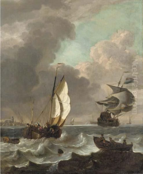 Shipping In A Stiff Breeze Off Dordrecht Oil Painting by Hendrik Rietschoof