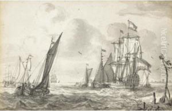 A Royal Yacht And Smaller Vessels On A Choppy Sea Oil Painting by Jan Claes Rietschoof