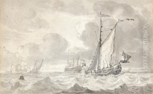 A Single Masted Vessel In A Choppy Sea, With Other Ships In The Distance, And A Town On The Horizon To The Right Oil Painting by Jan Claes Rietschoof