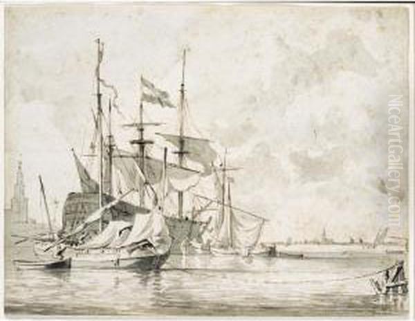 A Dutch Warship At Anchor, With Smaller Boats Moored Alongside Oil Painting by Jan Claes Rietschoof