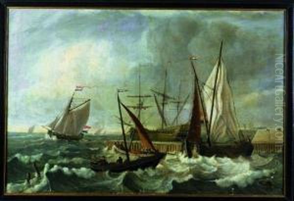 A Wijdschip, A Yacht And A Man Of War Off A Jetty Oil Painting by Jan Claes Rietschoof