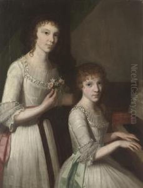 Double Portrait Of Sisters, Three-quarter-length, In White Dresses With Pink And Blue Sashes, The Former Standing With A Posy Of Roses And Orange Blossom In Her Right Hand, The Latter Seated At A Pianoforte Oil Painting by John Francis Rigaud