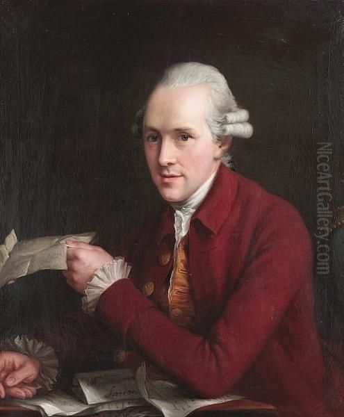 Portrait Of A Gentleman, Half-length, In A Crimson Coat With A Gold Waistcoat, Seated At A Desk, Holding A Letter Oil Painting by John Francis Rigaud