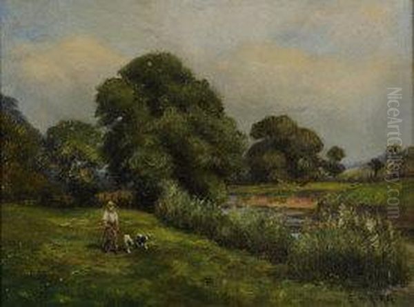 River Landscape With Figure Walking His Dogs Oil Painting by Ernest Higgins Rigg