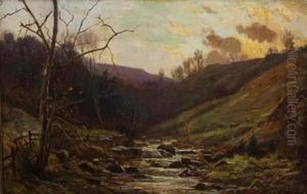 Sheep By Mountain Stream At Dusk by Ernest Higgins Rigg