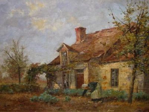 Old Woman In A Cottage Garden At Runswick Oil Painting by Ernest Higgins Rigg