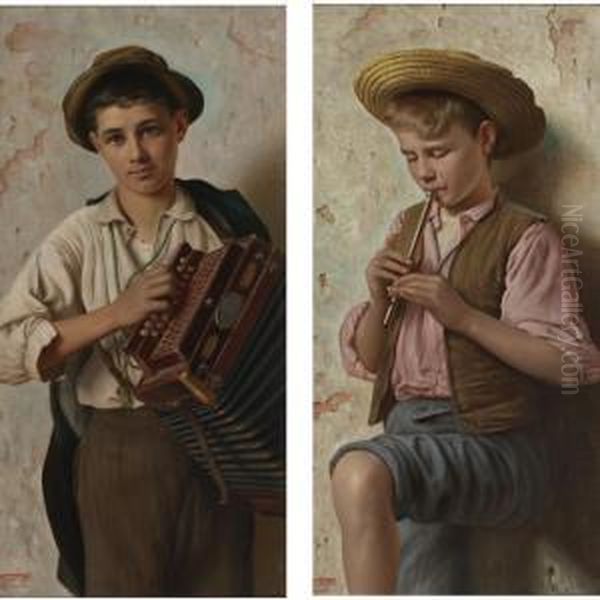 The Accordian Player; The Piccolo Player: A Pair Oil Painting by Vittorio Rignano