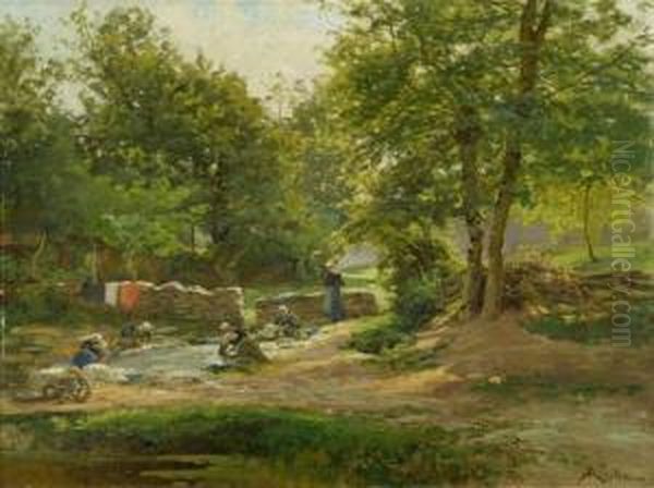 Washerwomen At The River. Oil Painting by Albert Gabriel Rigolot