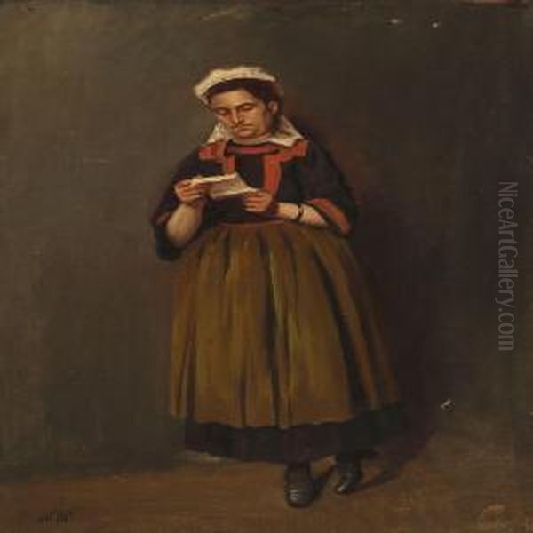 A Young Woman Reading A Letter Oil Painting by Andreas Christian Riis Carstensen