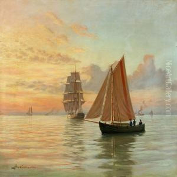 Seascape With Several Wessels In The Evening Sun Oil Painting by Andreas Christian Riis Carstensen