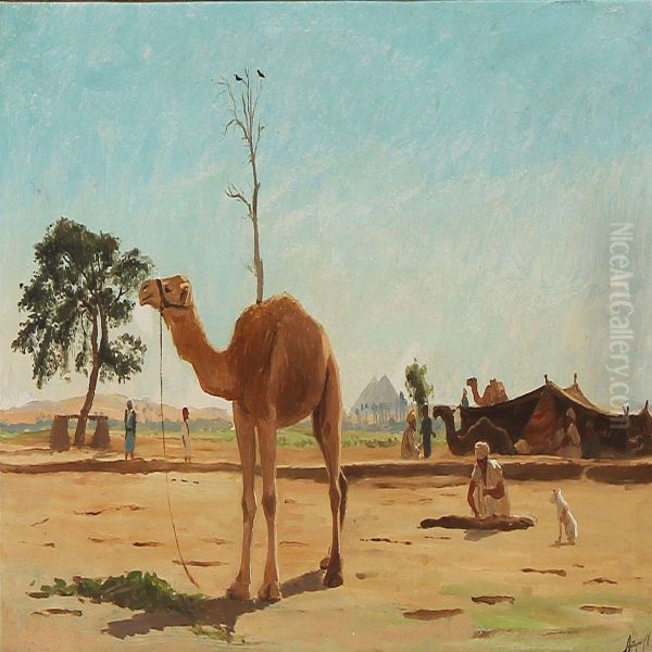 Scene From Egypt With Nomads And Camels, In The Background Two Pyramids Oil Painting by Andreas Christian Riis Carstensen