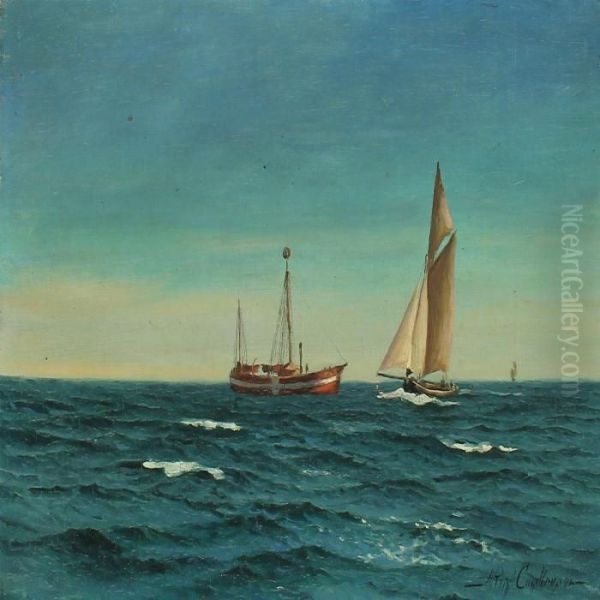 Seascape With Lightship And Sailing Ships Oil Painting by Andreas Christian Riis Carstensen