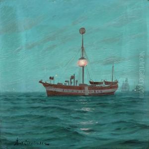 Marine With The Lightship Skagen Rev At Sea Oil Painting by Andreas Christian Riis Carstensen