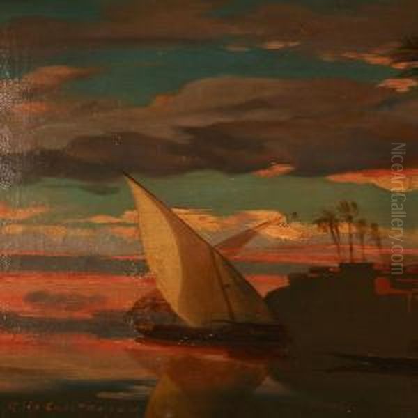 Egyptian Coastal Scene From The Nile Oil Painting by Andreas Christian Riis Carstensen