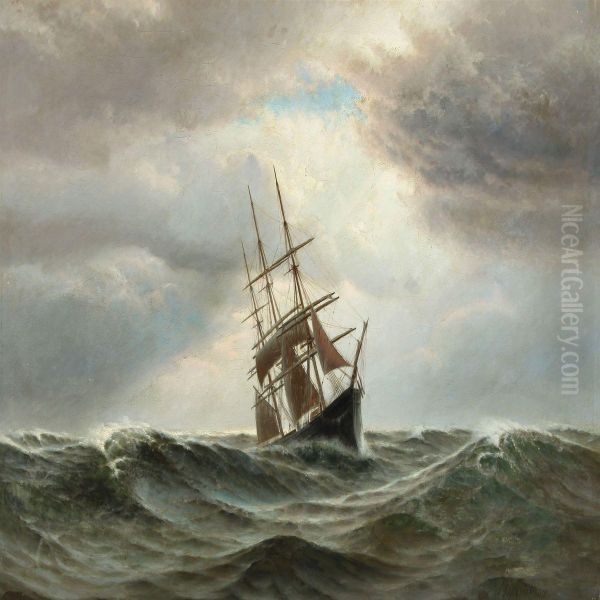 Seascape With Ship In Rough Sea Oil Painting by Andreas Christian Riis Carstensen