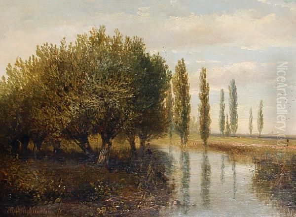 A River Landscape Oil Painting by Hermanus Jan Hendrik Rijkelijkhuijsen