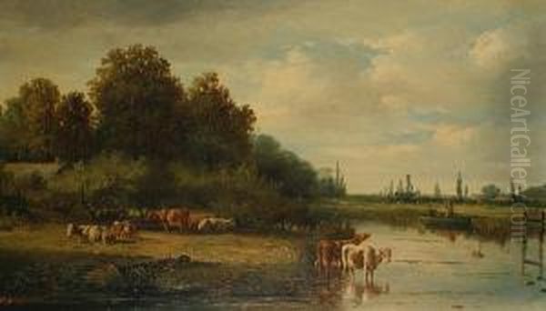 Cattle Watering Oil Painting by Hermanus Jan Hendrik Rijkelijkhuijsen