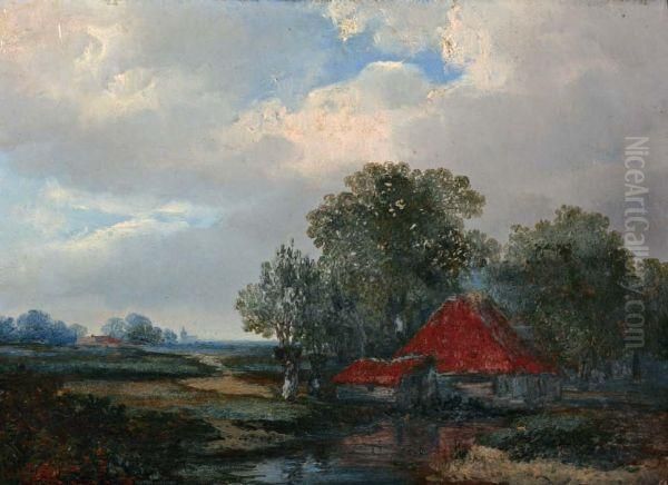 Landschap Met Boerderij Aan Een Sloot Oil Painting by Hermanus Jan Hendrik Rijkelijkhuijsen