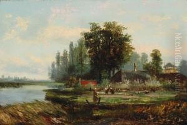 People By A Farmyard Oil Painting by Hermanus Jan Hendrik Rijkelijkhuijsen