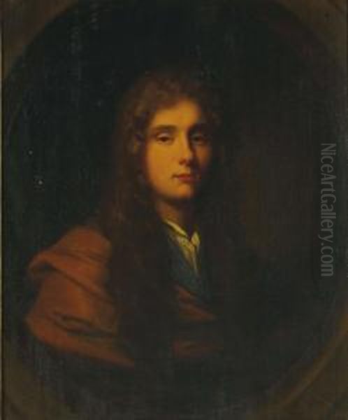 Portrait Of A Gentleman, Bust-length, In A Brown Cloak, In A Feigned Oval Oil Painting by John Riley