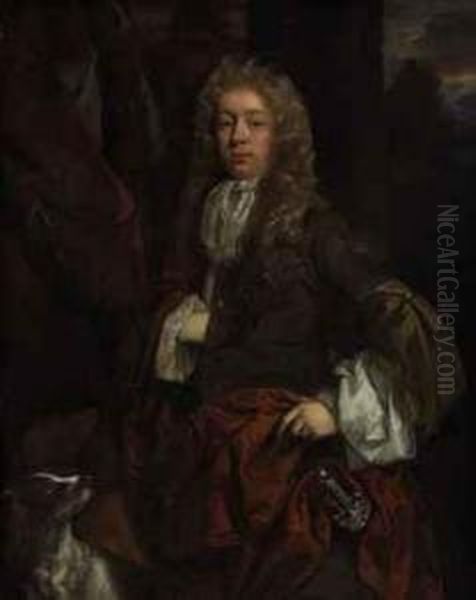 Portrait Of A Young Man, Three-quarter-length, With A Dog Oil Painting by John Riley