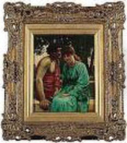 Exh.1880-, Lovers Seated In A Garden, Signed L.r.: T.riley, Oil On Canvas, 29 By 23 Cm.; 11i By 9din Oil Painting by Thomas Riley