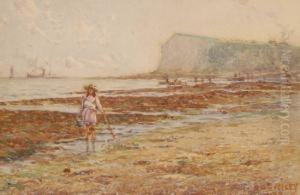 Girl On The Seashore At Low Tide Oil Painting by William Edward Riley