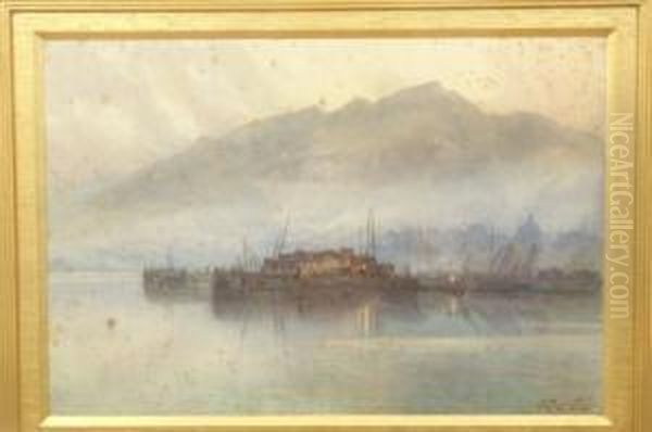 Harbour With Mountains Beyond At Dusk Oil Painting by Alexander Wallace Rimington