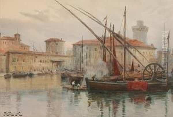 An Italian Harbour With Men Tending Boats Oil Painting by Alexander Wallace Rimington